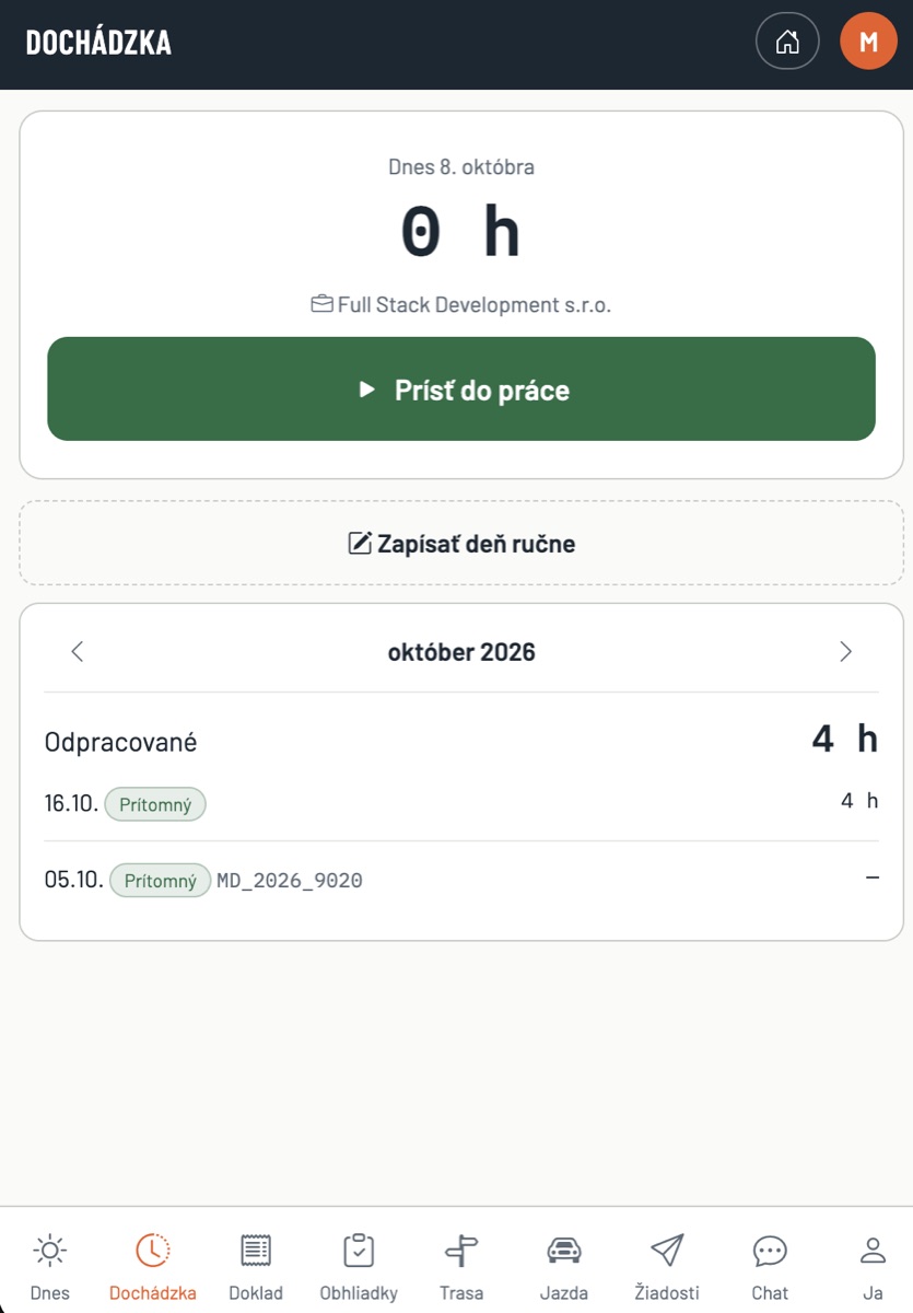 Docházka v mobilní aplikaci pracovníka: příchod jedním ťuknutím nebo přes QR kód.