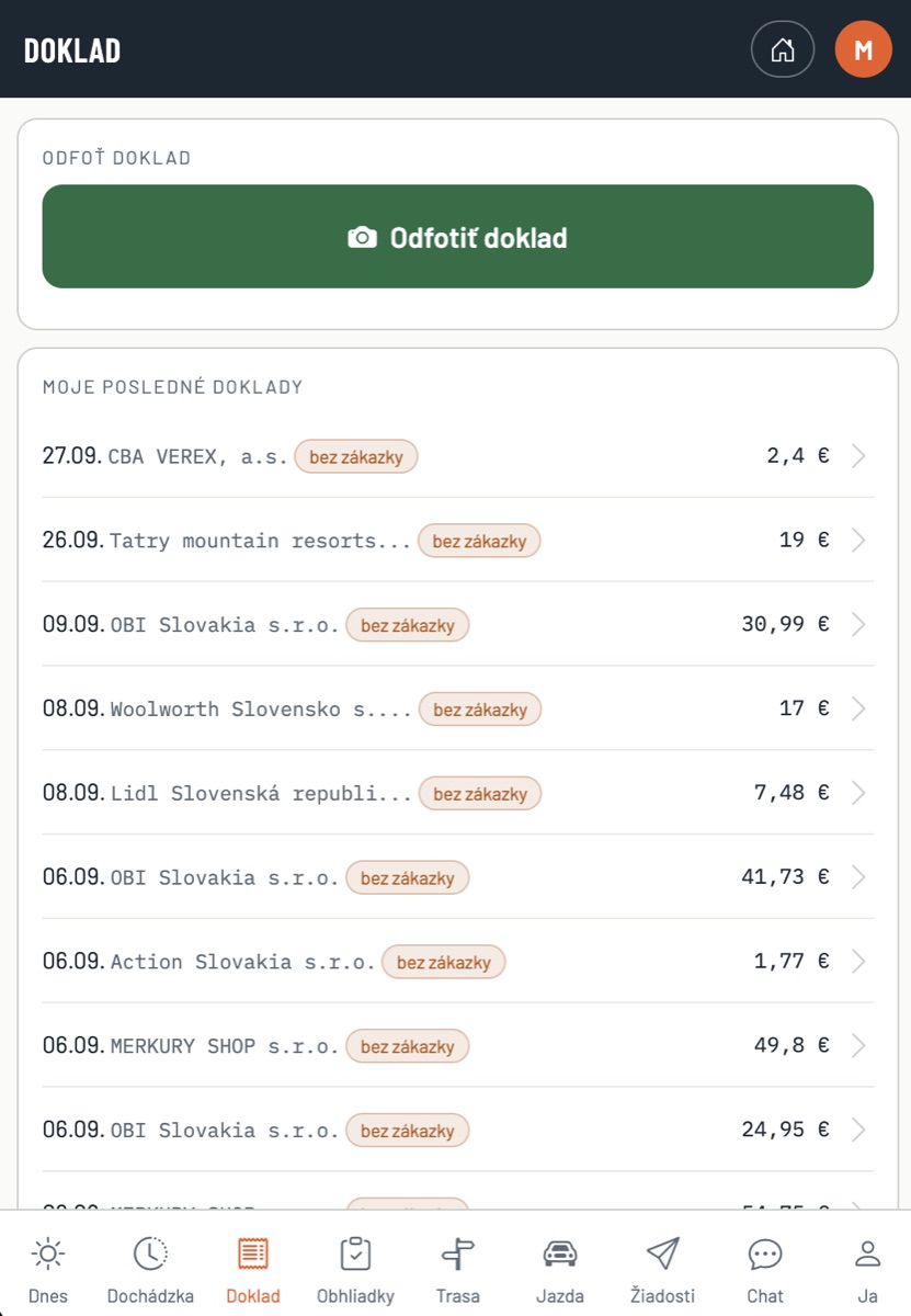 Doklady v mobilní aplikaci: účtenka se vyfotí přímo na místě.