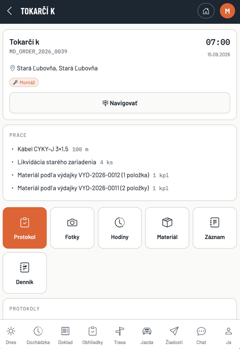 Zakázka v mobilní aplikaci: práce, fotky, hodiny, materiál a deník