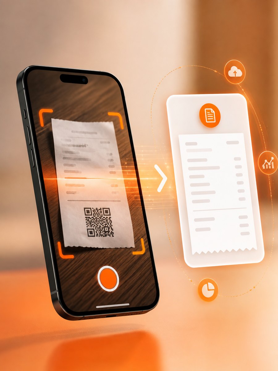 Skenování QR kódu na účtence mobilem — doklad se načte do systému