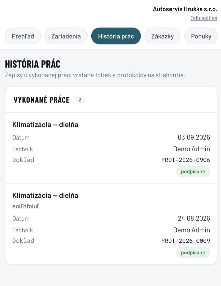 História prác v zákazníckom portáli MATODOM s protokolmi na stiahnutie