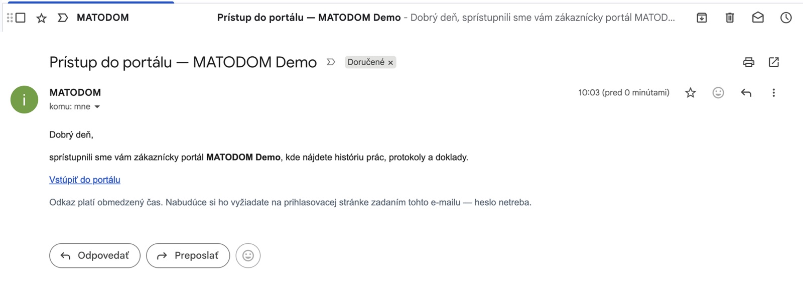 E-mail s prihlasovacím odkazom do zákazníckeho portálu MATODOM