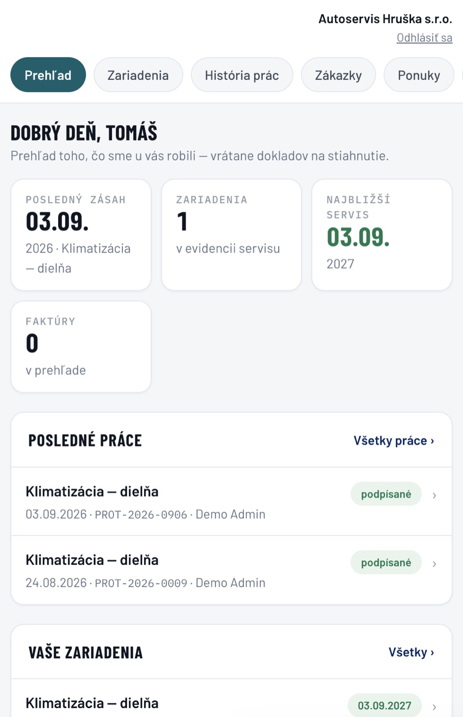 Prehľad v zákazníckom portáli MATODOM na mobile