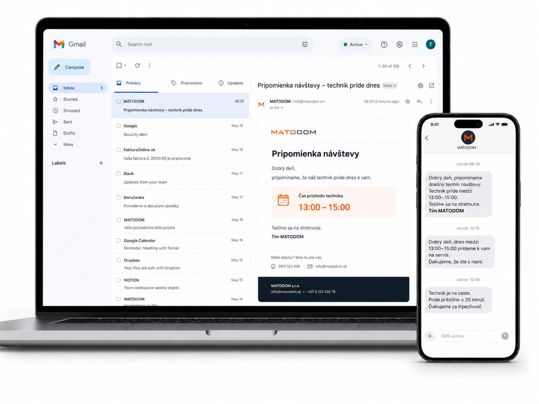 MATODOM automatické SMS a e-mailové notifikace zákazníkům o termínech a stavu zakázky