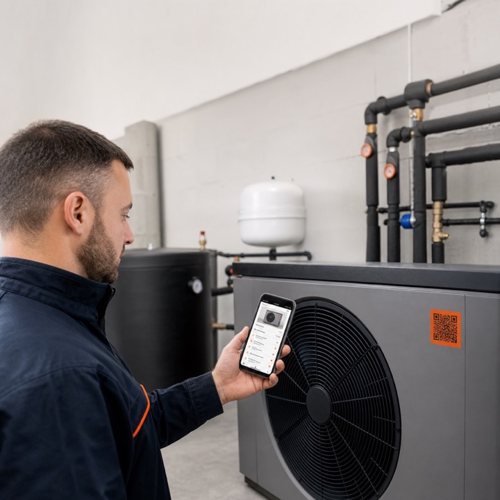 Technik u tepelného čerpadla se zakázkou v mobilu